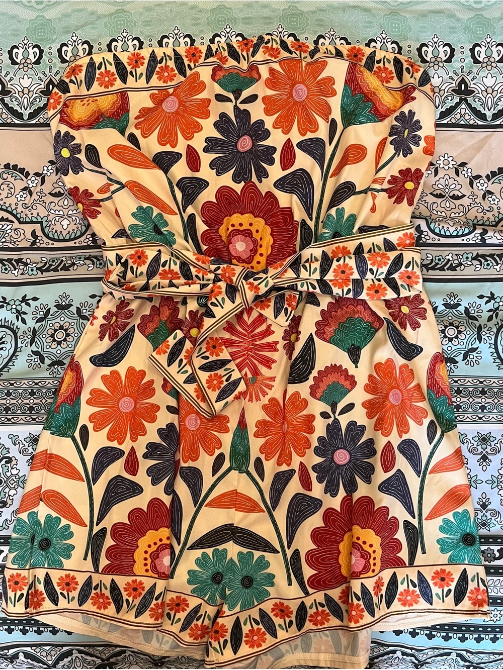 SHEIN Floral Strapless Cream Orange Green Purple Romper Shorts